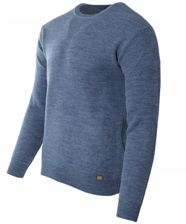 Sweter męski z okrągłym dekoltem niebieski wełniany klasyczny - Devanti