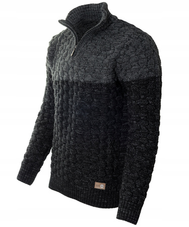 Sweter męski półgolf na krótki zamek jesienny czarno-szary ze wzorem wełniany ciepły - Devanti