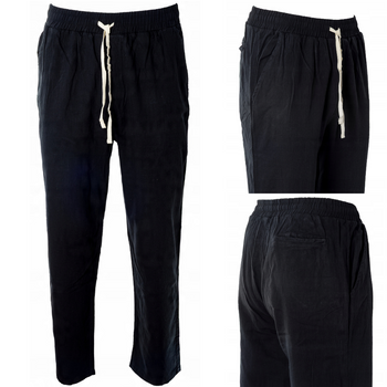 Spodnie męskie lniane na gumce czarne bawełna len przewiewne letnie - Redline
