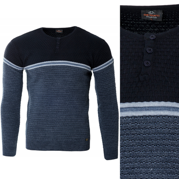 Sweter męski z okrągłym dekoltem krótkie zapięcie na guziki granatowy klasyczny - Devanti