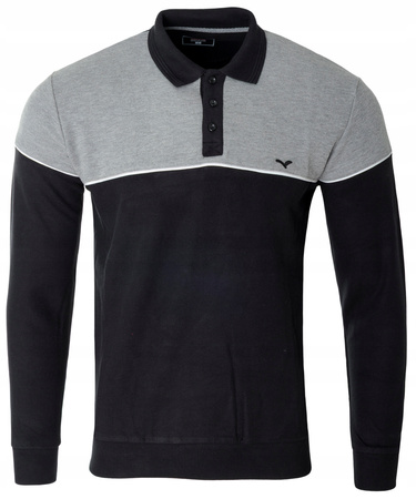 Bluza męska szaro-czarna z kołnierzykiem polo na guziki ze ściągaczami bawełna - Reymo