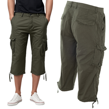 Klasyczne spodenki męskie za kolano - bawełniane, wygodne, zielone spodenki bojówki