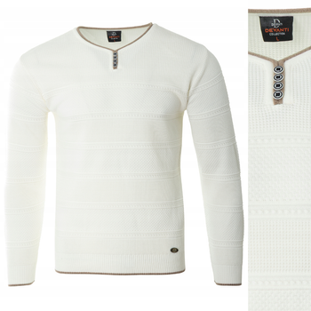 Sweter męski z okrągłym dekoltem krótkie zapięcie na guziki ecru pasy klasyczny - Devanti