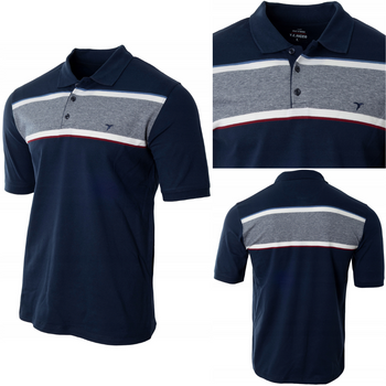 Koszulka męska polo bawełniana granatowa paski dekolt z guzikami kołnierz wiosenna - Reymo