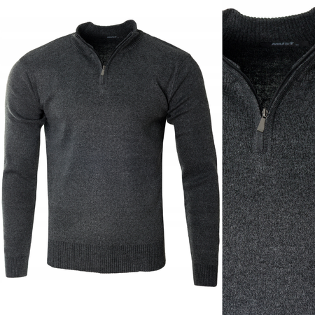 Sweter męski na krótki zamek stójka antracytowy klasyczny - MUST