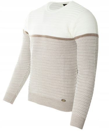 Sweter męski z okrągłym dekoltem beżowy wzór geometryczny pasy wełniany klasyczny - Devanti