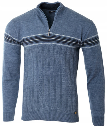 Sweter męski półgolf krótki zamek wełniany niebieski pasy klasyczny - Devanti
