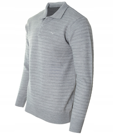 Bluza męska z kołnierzykiem polo na guziki szara wzór w pasy ze ściągaczami bawełniana - Reymo