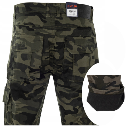 Męskie bojówki ocieplane bawełniane proste nogawki zielone moro - Gemello