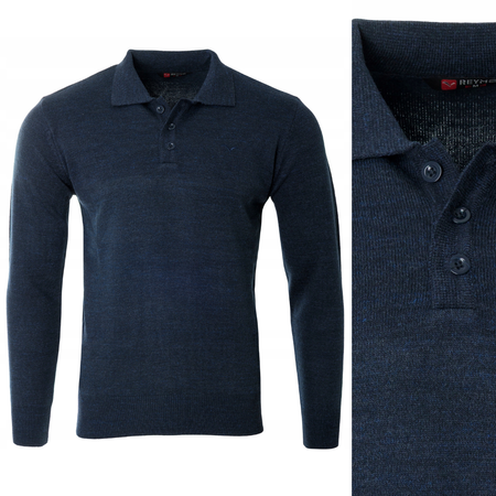 Bluza męska z kołnierzykiem polo na guziki granatowa gładka ze ściągaczami wełniana - Reymo