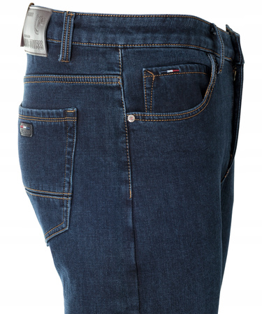 Męskie spodnie jeansy klasyczne granatowe ocieplane polarem bawełna proste - King BSS
