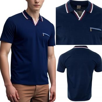 Koszulka męska polo granatowa dekolt w serek z kieszenią - POLMSWISS