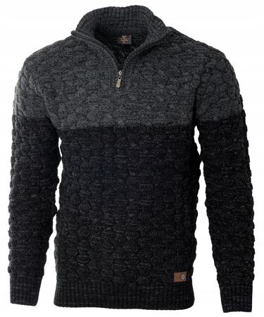 Sweter męski półgolf na krótki zamek jesienny czarno-szary ze wzorem wełniany ciepły - Devanti