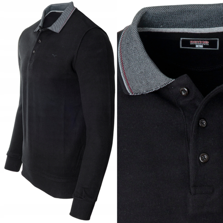 Bluza męska czarna gładka z kołnierzykiem polo na guziki ze ściągaczami bawełniana - Reymo