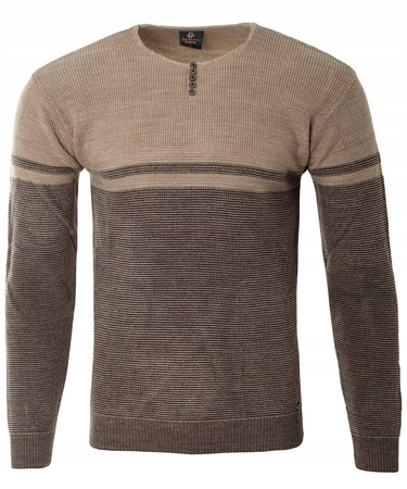 Sweter męski z okrągłym dekoltem z guzikami brązowy klasyczny - Devanti