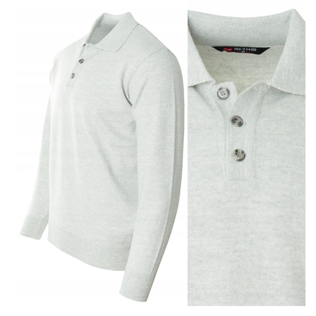 Bluza męska z kołnierzykiem polo na guziki jasno-szara gładka ze ściągaczami wełniana - Reymo
