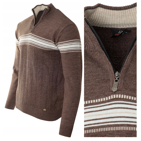 Sweter męski półgolf krótki zamek wełniany brązowy pasy klasyczny - Devanti