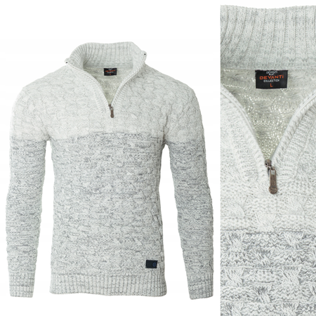 Sweter męski półgolf na krótki zamek jesienny szary ze wzorem wełniany ciepły - Devanti 