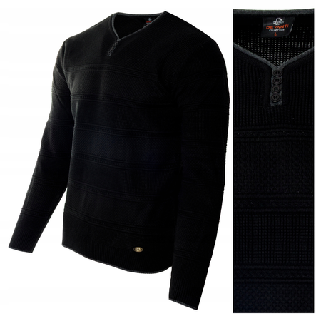 Sweter męski z okrągłym dekoltem krótkie zapięcie na guziki czarny pasy klasyczny - Devanti