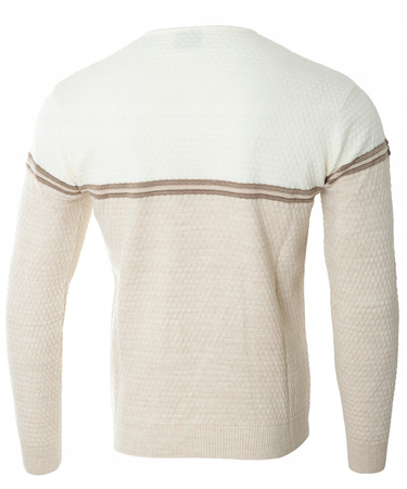 Sweter męski z okrągłym dekoltem krótkie zapięcie na guziki beżowo-biały klasyczny - Devanti