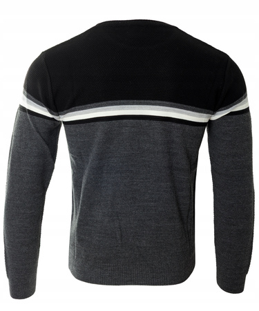 Sweter męski z okrągłym dekoltem wełniany szaro-czarny pasy klasyczny - Devanti