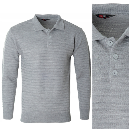 Bluza męska z kołnierzykiem polo na guziki szara wzór w pasy ze ściągaczami bawełniana - Reymo