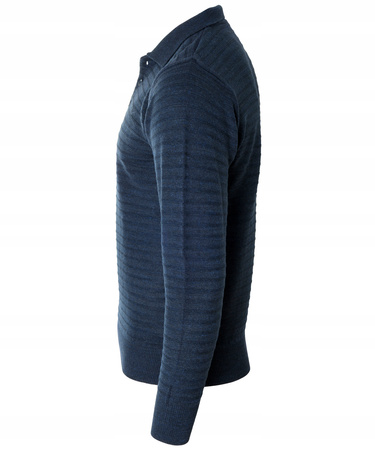 Bluza męska z kołnierzykiem polo na guziki granatowa wzór w pasy ze ściągaczami bawełniana - Reymo