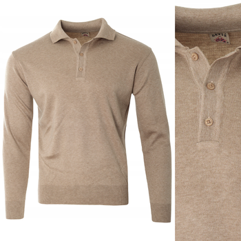 Sweter męski beżowy z kołnierzykiem na guziki ze ściągaczami wełna gładki Devir Orme