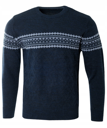 Sweter męski z okrągłym dekoltem granatowy wzór pasy wełna klasyczny - Devir