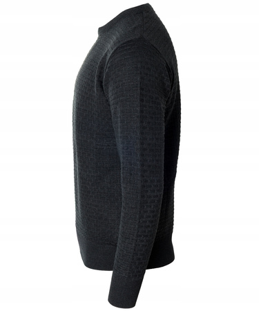 Sweter męski z okrągłym dekoltem pod szyję czarny we wzór wełniany klasyczny ciepły - Reymo
