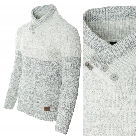 Sweter męski z okrągłym dekoltem zapięcie na krótki zamek i guziki szary klasyczny - Devanti