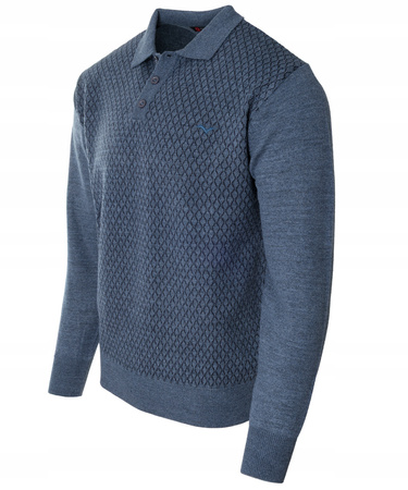 Sweter męski niebieski z kołnierzykiem polo na guziki ze ściągaczami wełna ze wzorem - Reymo