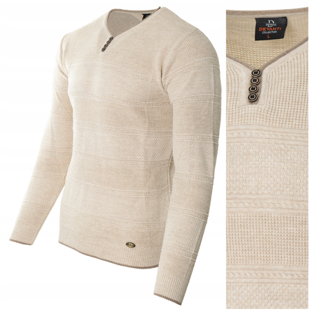 Sweter męski z okrągłym dekoltem krótkie zapięcie na guziki jasno-beżowy pasy klasyczny - Devanti