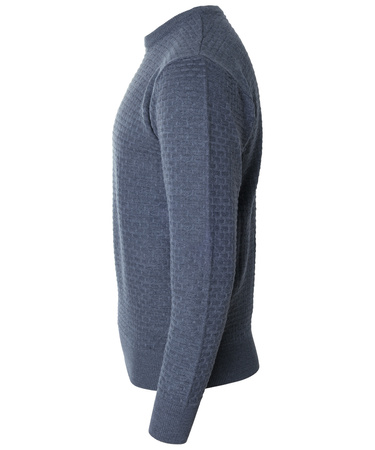 Sweter męski z okrągłym dekoltem pod szyję niebieski we wzór wełniany klasyczny ciepły - Reymo