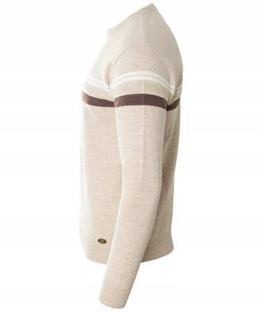 Sweter męski z okrągłym dekoltem beżowy wzór pasy wełniany klasyczny - Devanti