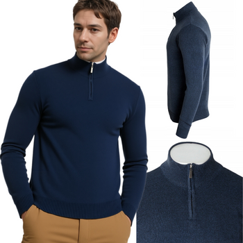 Sweter męski rozpinany krótki zamek granatowy półgolf - Must