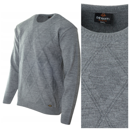 Sweter męski z okrągłym dekoltem szary wzór geometryczny wełna klasyczny - Devanti