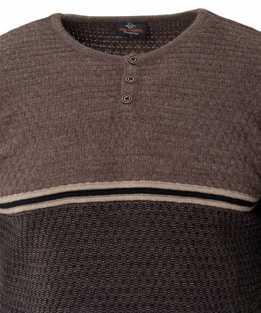 Sweter męski z okrągłym dekoltem krótkie zapięcie na guziki ciemno-brązowy klasyczny - Devanti