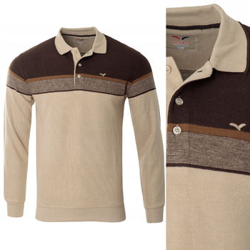 Bluza męska beżowo-brązowa z kołnierzykiem polo na guziki ze ściągaczami bawełniana - Reymo