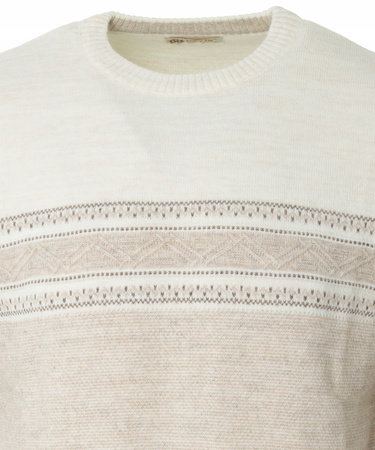 Sweter męski z okrągłym dekoltem beżowy wzór pasy wełniany klasyczny - Devanti