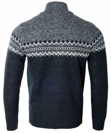 Sweter męski rozpinany ocieplany polarem jesienny granatowo-szary ze wzorem 