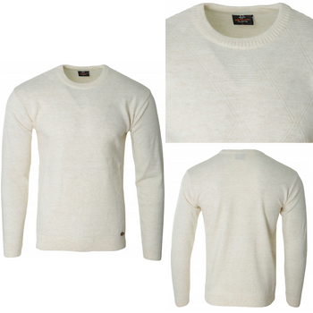 Sweter męski z okrągłym dekoltem kremowy wzór geometryczny wełna klasyczny - Devanti