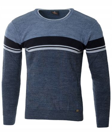 Sweter męski z okrągłym dekoltem niebieski wzór pasy wełniany klasyczny - Devanti