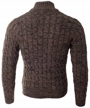 Sweter męski półgolf rozpinany jesienny brązowy ze wzorem wełniany ciepły - Devanti 