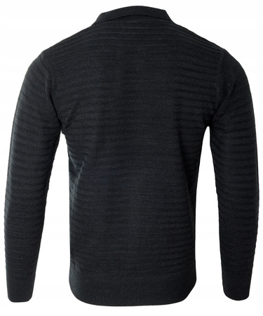 Bluza męska z kołnierzykiem polo na guziki czarna wzór w pasy ze ściągaczami bawełniana - Reymo