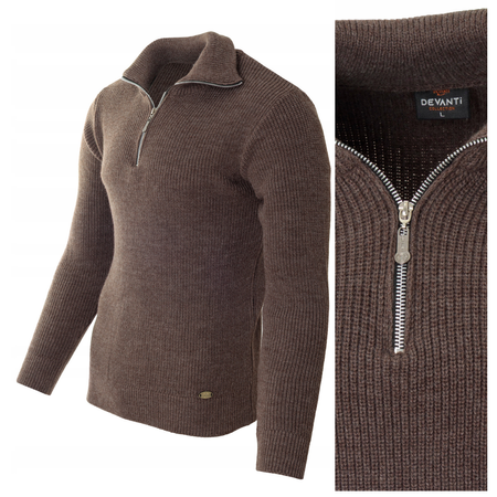 Sweter męski półgolf krótkie zapięcie na zamek brązowy klasyczny - Devanti