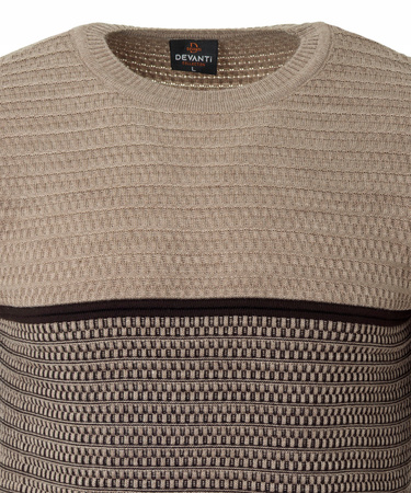 Sweter męski z okrągłym dekoltem brązowy wzór geometryczny pasy wełniany klasyczny - Devanti