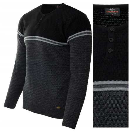 Sweter męski z okrągłym dekoltem krótkie zapięcie na guziki szaro-czarny klasyczny - Devanti