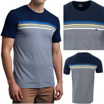 Koszulka męska t-shirt granatowo-szara paski dekolt pod szyję - Reymo