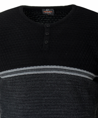 Sweter męski z okrągłym dekoltem krótkie zapięcie na guziki szaro-czarny klasyczny - Devanti